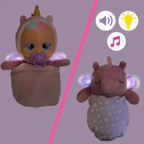 Cry Babies Luna and pink Poppy Pegasus shown side by side with glowing wings, alongside symbols for lights, music and sounds.