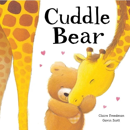 Cuddle Bear front cover showing a bear hugging a giraffe with small heart illustrations