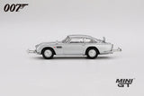 Silver Aston Martin DB5 from Goldfinger shown in full side profile with chrome trim, wire style wheels and extended bumper details