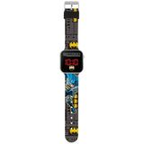 Full view of DC Batman LED watch showing black strap printed with classic yellow Batman logos and action art in Ireland.