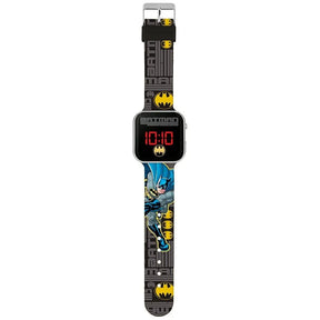 DC Batman LED watch with red digital display, silver casing and black strap featuring bold Batman graphics in Ireland.