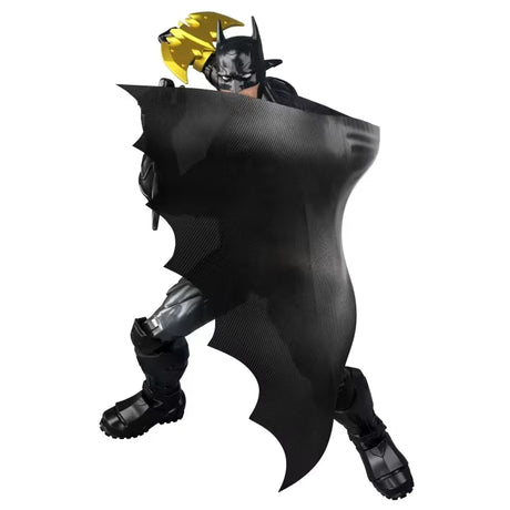 DC Premier Crime Crusher Batman crouching with black cape spread and gold Batarang raised
