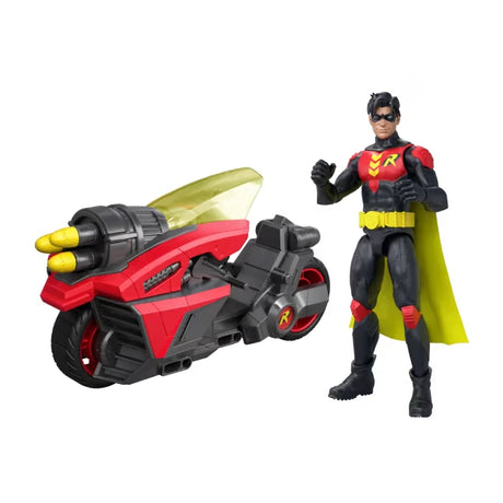 DC Premier Robin figure standing beside red Robin Cycle with three yellow projectiles loaded