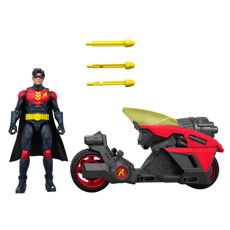 DC Premier Robin figure with side view of Robin Cycle and three yellow projectiles