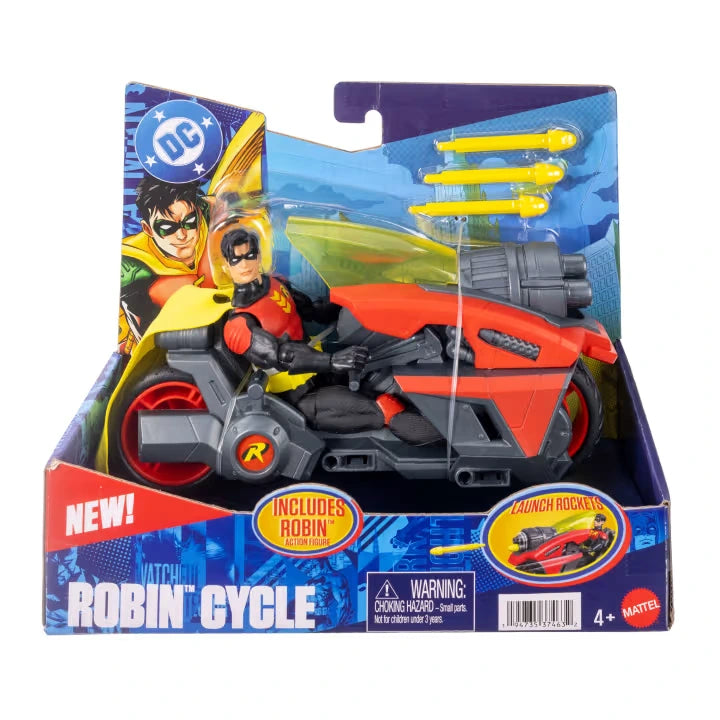 DC Premier Robin & Robin Cycle with Robin figure and three yellow projectiles in packaging