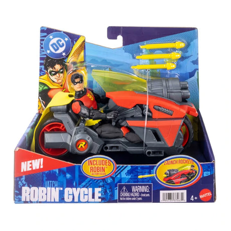 DC Premier Robin & Robin Cycle with Robin figure and three yellow projectiles in packaging