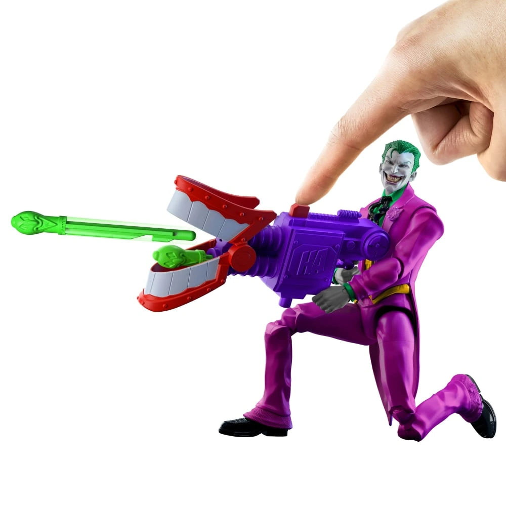DC Premier The Joker kneeling with purple blaster as top button is pressed