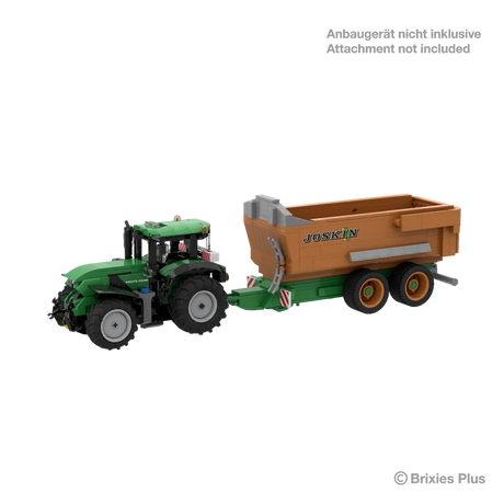 BRIXIES Plus Deutz-Fahr 6230 TTV connected to an orange JOSKIN tipping trailer for display, with the attachment marked as not included