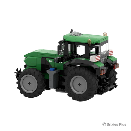Rear angled view of the BRIXIES Plus Deutz-Fahr 6230 TTV showing the rear hitch assembly, cab, warning panels and large rear tyre