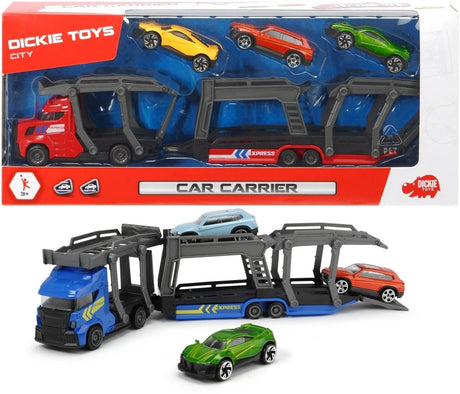 Dickie Car Carrier product box with blue toy transporter and three cars