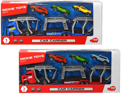 Dickie Toys Car Carrier packaged assortment with red and blue transporter designs