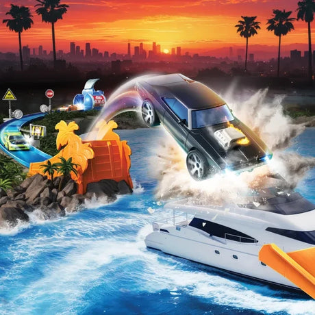 Promotional image for the Dickie Toys Fast & Furious Dockside Jump stunt track set.