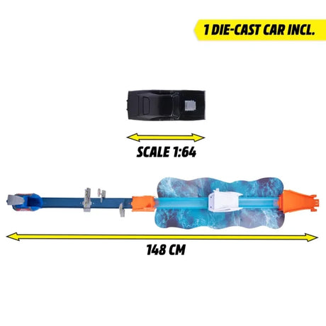 Fast & Furious Dockside Jump product graphic showing the included 1:64 scale diecast car and a track length marking of 148 cm.
