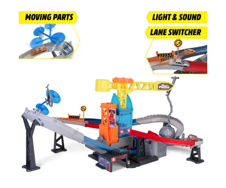 Fast & Furious Wrecking Crash Course track graphic showing the moving track parts, lane switcher, lights and sound features.