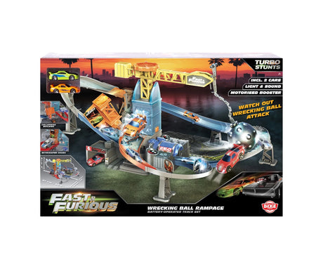 Fast & Furious Wrecking Ball Rampage retail box showing the racing track, wrecking ball, cars and Turbo Stunts branding.