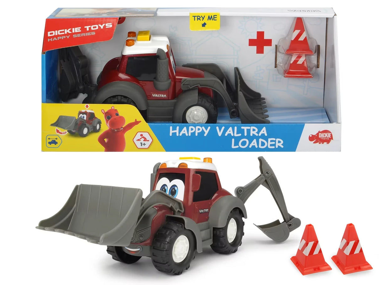 Happy Valtra Loader toy tractor with front and rear buckets beside its boxed set
