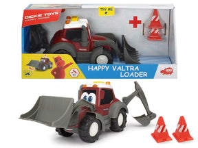 Happy Valtra Loader toy tractor with front and rear buckets beside its boxed set