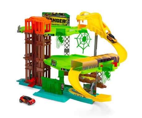 Dickie Toys Jungle Garage Set with three parking levels, vehicle lift, jungle themed track and included toy car.