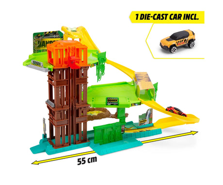 Dickie Toys Jungle Garage product graphic highlighting the included diecast car.