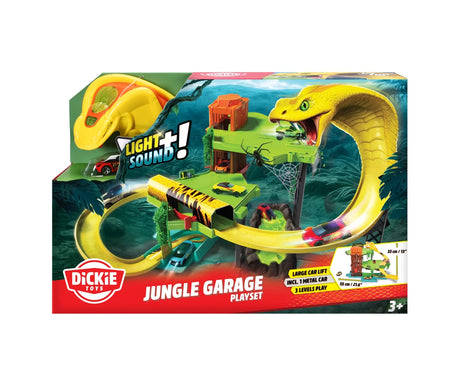 Dickie Toys Jungle Garage product graphic showing the three level garage, large car lift, included metal car and dimensions.