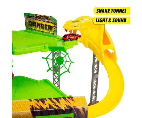 Dickie Toys Jungle Garage snake tunnel feature with labels identifying the light and sound functions.