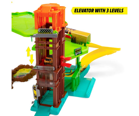 Dickie Toys Jungle Garage elevator feature graphic showing the vehicle lift connecting three parking levels.