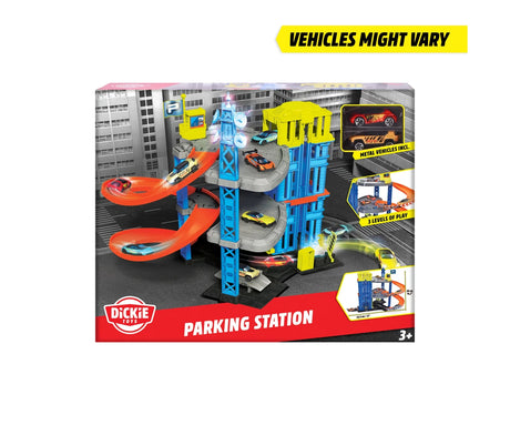 Dickie Toys Parking Station Garage retail packaging showing the three level parking garage, two included metal cars, orange ramps and product dimensions.