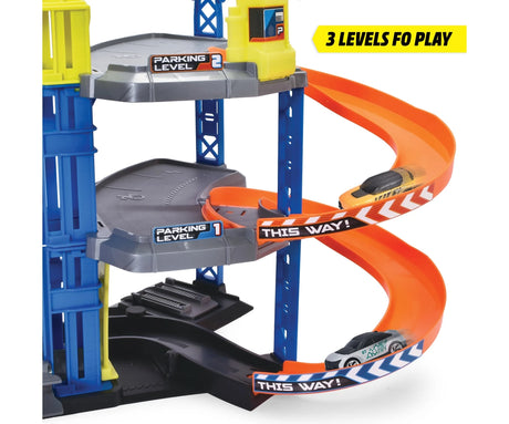 Close-up of Dickie Parking Station Garage showing two orange curved ramps with yellow and silver toy cars, grey parking levels and blue supports.
