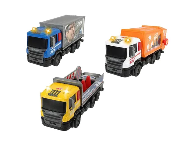 Dickie Toys Scania City Team assortment with refuse truck, container truck and roadworks truck