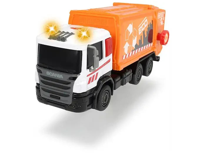 Orange Dickie Toys Scania City Team refuse truck with light effects