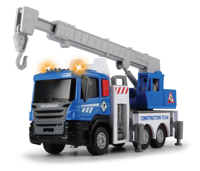 Front view of blue Dickie Toys City Builder Scania mobile crane