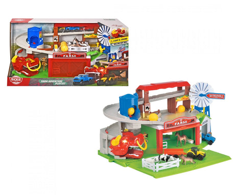 Dickie Toys Farm Adventure Playset boxed showing barn, tractors, animals, and light-up bull feature