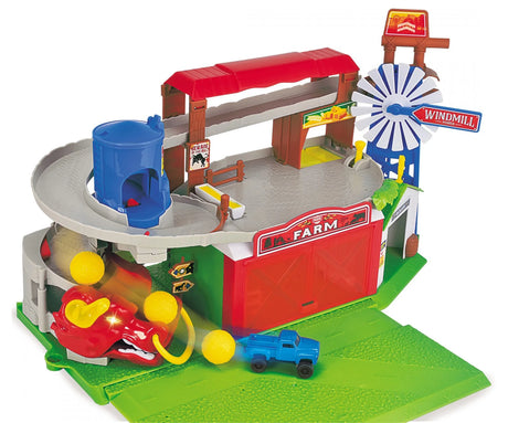 Dickie Toys Farm Adventure Playset with tractor, pickup, barn, windmill, and farm animals on green base