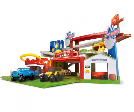 Farm Adventure Playset close-up with blue pickup, red bull ramp, windmill, and rolling hay balls