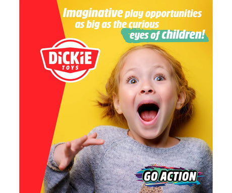 Dickie Toys promotional graphic showing a surprised child against a yellow and red background with the Dickie Toys logo and Go Action slogan.