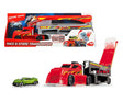 Red Dickie Toys Race & Store Transporter shown beside its box and green car