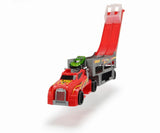 Dickie Toys Race & Store Transporter with rear ramp raised and green car loaded