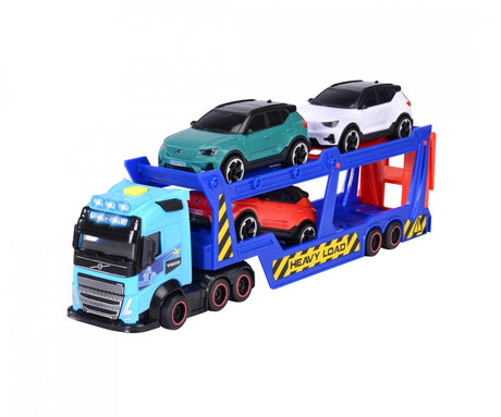 Dickie Toys Volvo car transporter with blue Volvo truck, blue and white cars on the upper deck, and red car below
