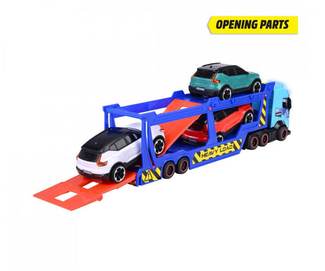 Volvo car transporter toy with front loading ramp open and white car on the lower deck