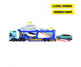 Side view of Dickie Toys Volvo car transporter with fold-out ramp and turquoise toy car beside the trailer