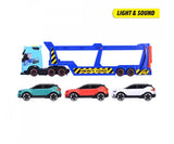 Volvo car transporter truck and trailer with three Volvo XC40 toy cars shown separately below