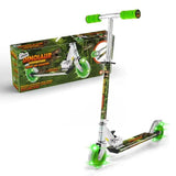 Product box and assembled dinosaur themed scooter featuring green grips, printed deck, and green light up wheels.