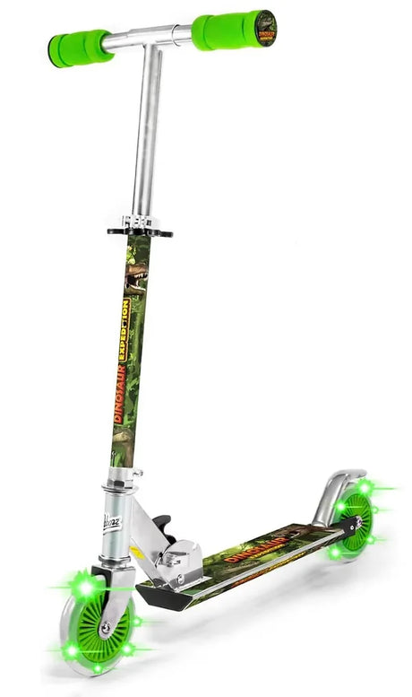A dinosaur themed inline scooter with bright green grips, chrome T tube, and green light up wheels.