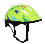 Kids dinosaur helmet side angled view with bright green shell, dinosaur graphics, vents, and black straps on a white background