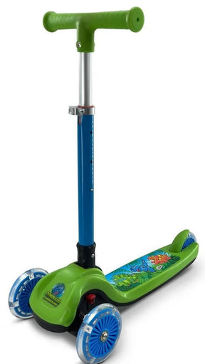 A Dinosaur Trail Twister scooter with green deck, dinosaur themed stem panel and light up wheels shown upright against a white background