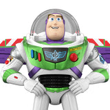 Close view of the Disney and Pixar Toy Story 12 Inch Buzz Lightyear figure with its clear helmet, coloured chest controls and wings extended.