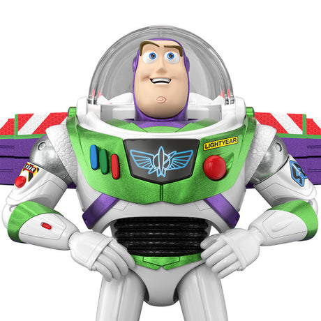 Close view of the Disney and Pixar Toy Story 12 Inch Buzz Lightyear figure with its clear helmet, coloured chest controls and wings extended.