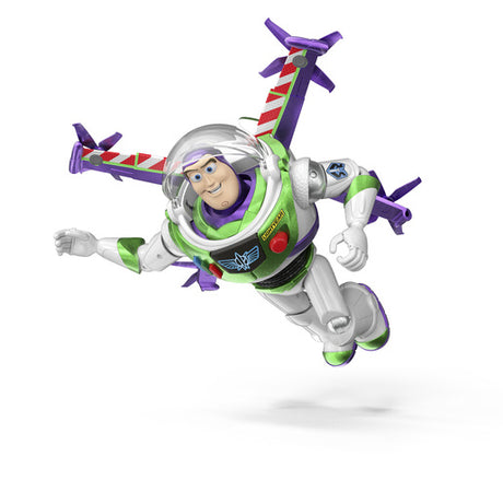 Disney and Pixar Toy Story 12 Inch Buzz Lightyear figure with both wings extended, one arm forward and both legs raised.