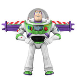 Disney and Pixar Toy Story 12 Inch Buzz Lightyear figure standing with bent arms, purple wings extended and a clear helmet over its head.
