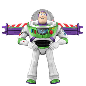 Disney and Pixar Toy Story 12 Inch Buzz Lightyear figure standing with bent arms, purple wings extended and a clear helmet over its head.